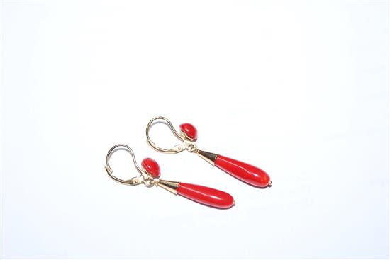 A modern pair of Italian 750 yellow metal and coral drop earrings, overall 41mm.